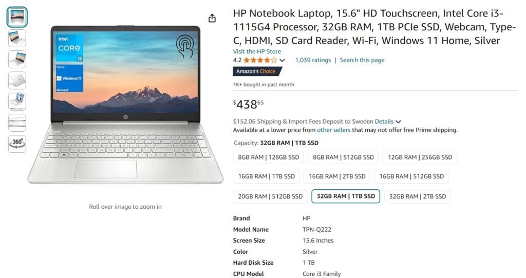 HP Notebook Laptop, 15.6" HD Touchscreen, Intel Core i3-1115G4 Processor, 32GB RAM, 1TB PCIe SSD, Webcam, Type-C, HDMI, SD Card Reader, Wi-Fi, Windows 11 Home, Silver