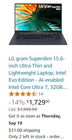 LG gram Superslim 15.6-inch Ultra Thin and Lightweight Laptop, Intel Evo Edition - AI-enabled Intel Core Ultra 7, 32GB RAM, 2TB SSD, Black