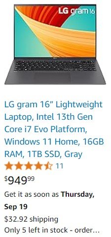 LG gram 16” Lightweight Laptop, Intel 13th Gen Core i7 Evo Platform, Windows 11 Home, 16GB RAM, 1TB SSD, Gray