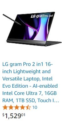 LG gram Pro 2 in1 16-inch Lightweight and Versatile Laptop, Intel Evo Edition - AI-enabled Intel Core Ultra 7, 16GB RAM, 1TB SSD, Touch IPS Display, Black
