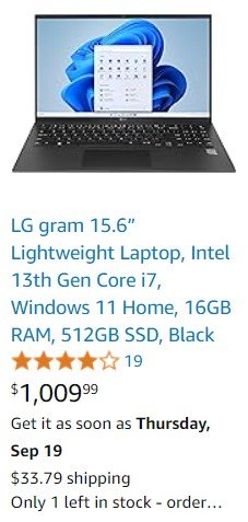 LG gram 14” Lightweight Laptop, Intel 13th Gen Core i7 Evo Platform, Windows 11 Home, 32GB RAM, 1TB SSD, Black